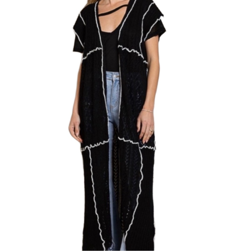Black Long Length Knit Open Front Cardigan Duster - Picture 2 of 15